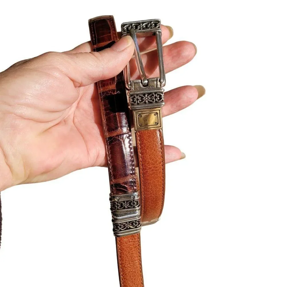 80's Brighton Belt Leather Reversible Skinny Brown‎ Embossed Silver Heart XS/S